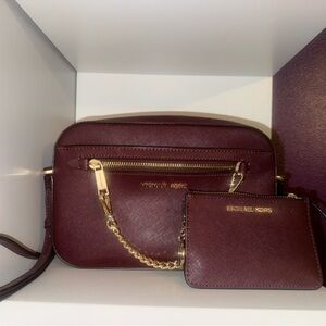 Michael Kors Jet Set Large Saffiano Leather Crossbody Bag + Wallet (Burgundy)